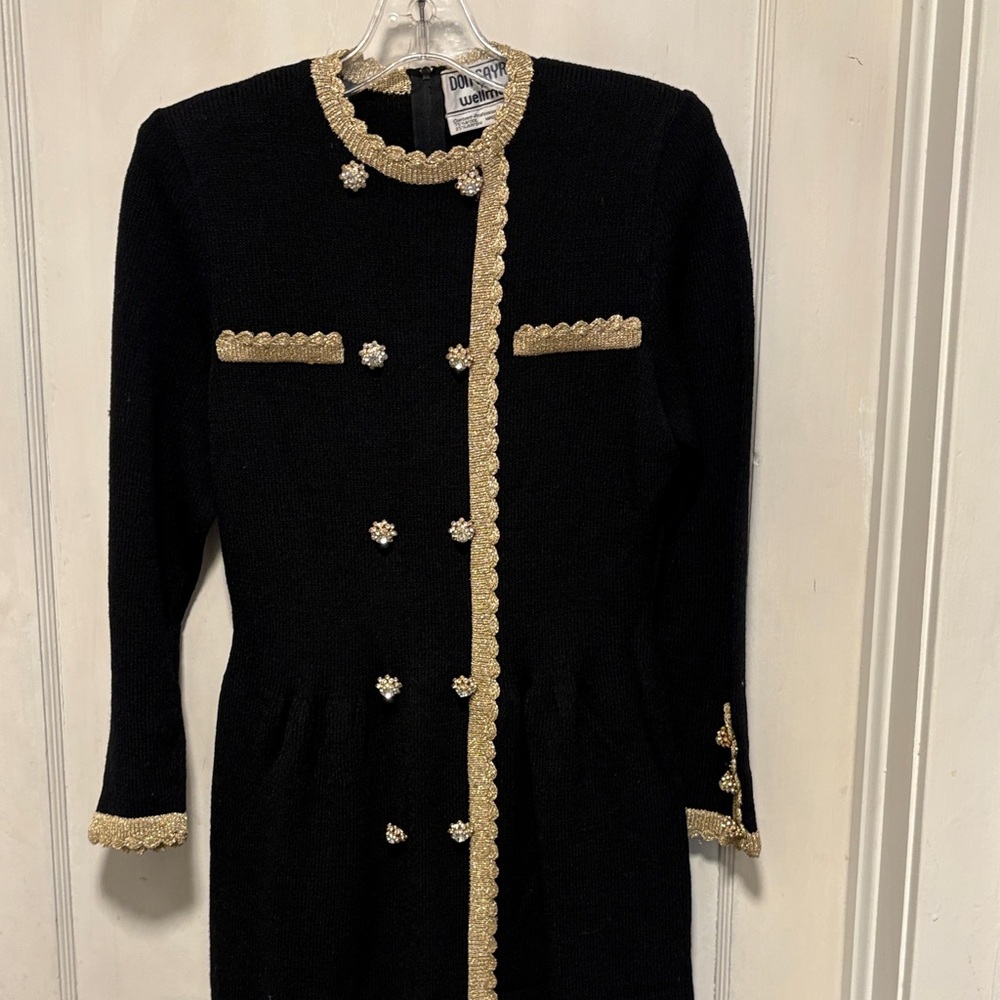 Vintage Don Sayres For Wellmore Wool Blend Black with Gold Trim Knitted Dress 8 - Picture 5 of 13